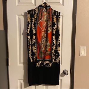 Black, Gold, Dark Orange/Red Mini Dress with Snug Skirt - NWOT - M